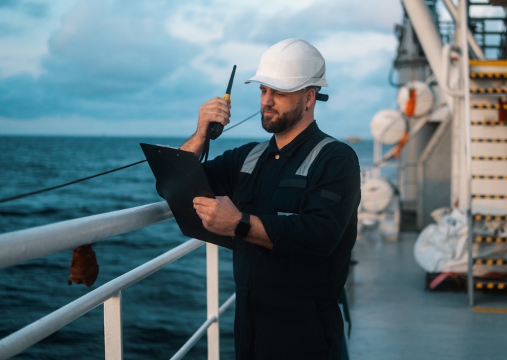Marine Deck Officer or Chief mate on deck of offshore vessel or ship, used in post about Greywing's SeaGPT