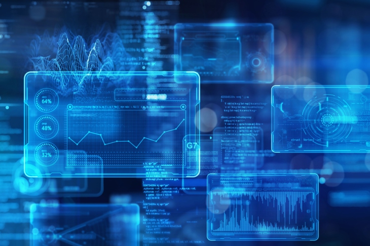 Futuristic blue tinted interface with data screens.